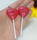 Brinco Pirulito Coração Vermelho com Glitter
